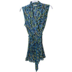 Saltaire Blue Abstract Wrap Silk Top Women's XL Boho Chic Elegant Top